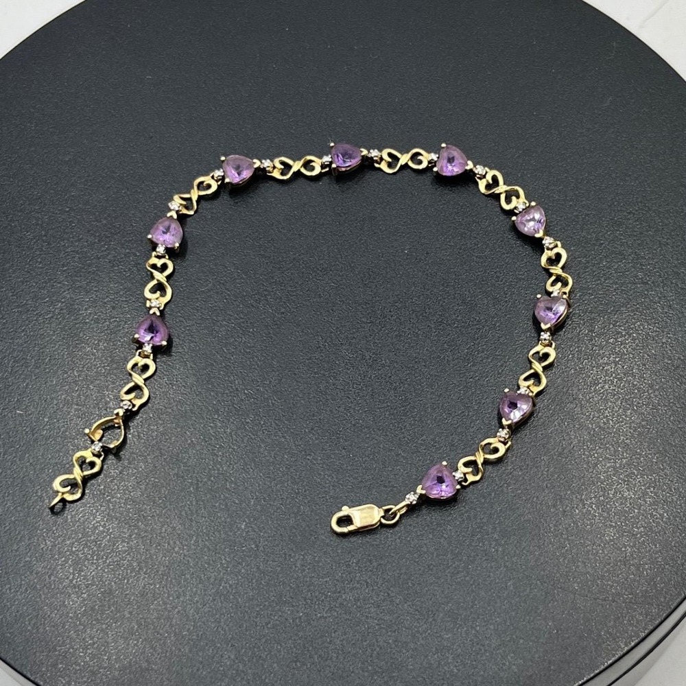 Vintage Estate 10k Yellow Gold Amethyst Infinity Diamond Tennis Bracelet 7.5"